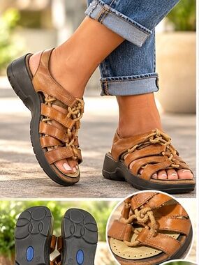 Dr Scholls Strappy Sandals Womens Size 6-1/2 Brown Leather Open Toe Lace up